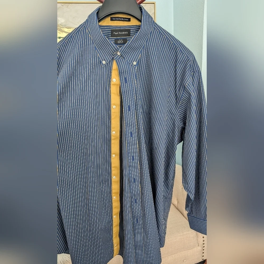 Paul Fredrick Non Iron Two Ply Cotton Blue Yellow Classic Fit Shirt Sz 19x36